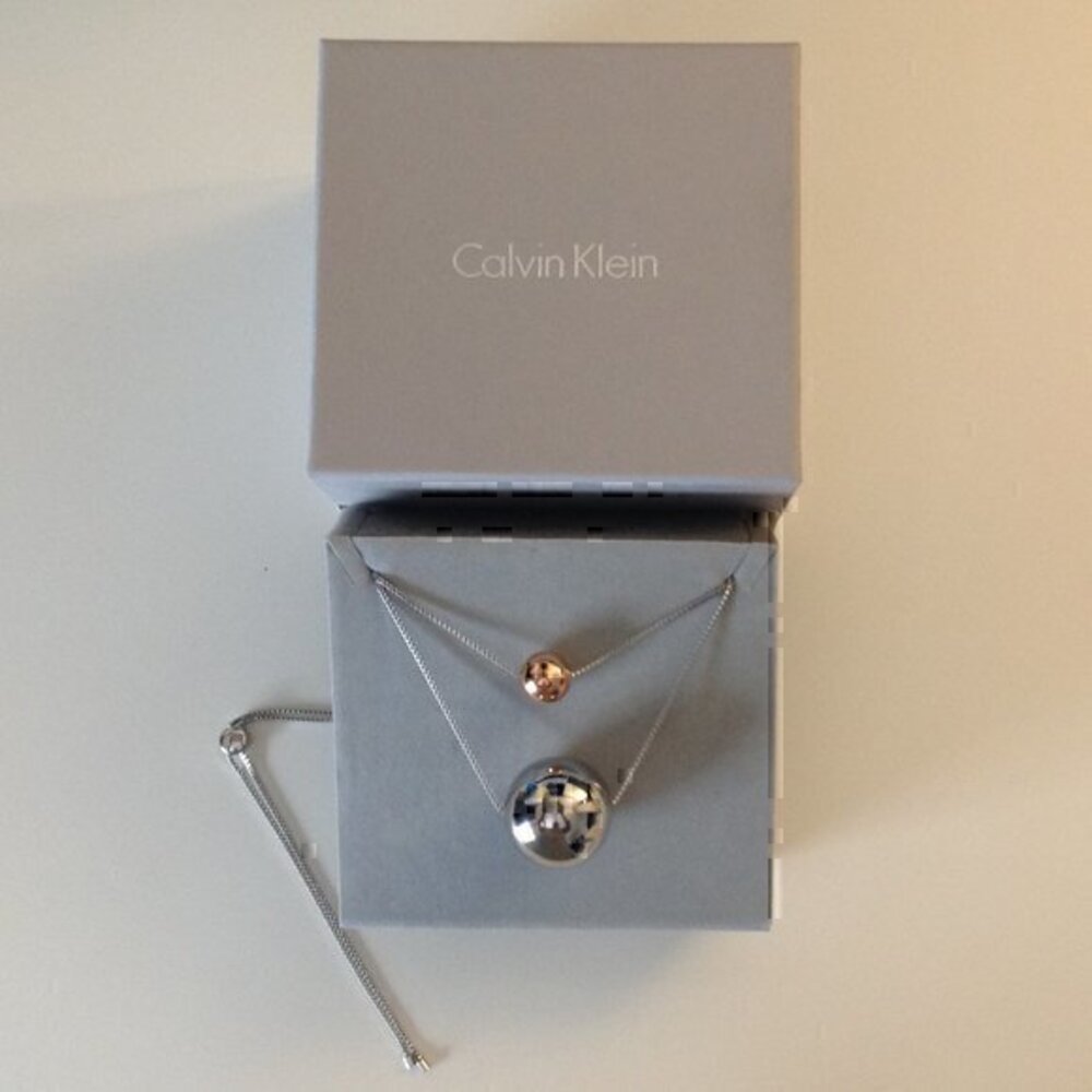 NWT CALVIN KLEIN Double Stands Two Balls Silver & Rose Gold Stainless Necklace